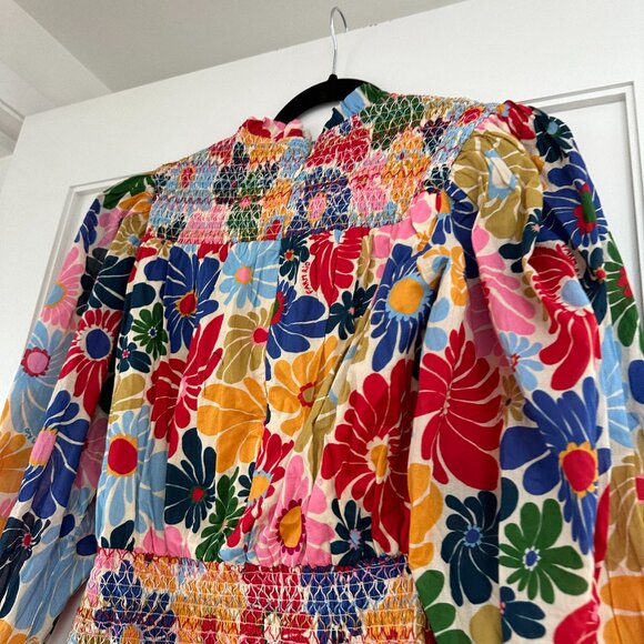 Farm Rio Sunny Daisies Mini Dress Floral Smocked High Neck Puff Sleeves Size XS - Picture 10 of 10
